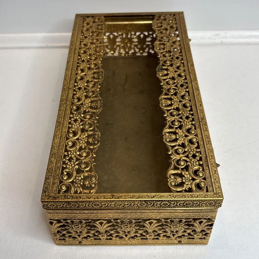 MCM Gold Tone Tissue Kleenex Box Filigree Holder Ornate Hollywood Regency